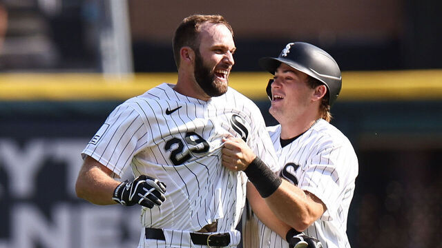 CHICAGO, ILLINOIS - JULY 30: Tristan Peters #29 of the Chicago White Sox celebrates with teammate Sam Antonacci #17 after a bases-loaded walk during the eleventh inning to defeat the New York Yankees 2-1 at Rate Field on July 30, 2026 in Chicago, Illinois.