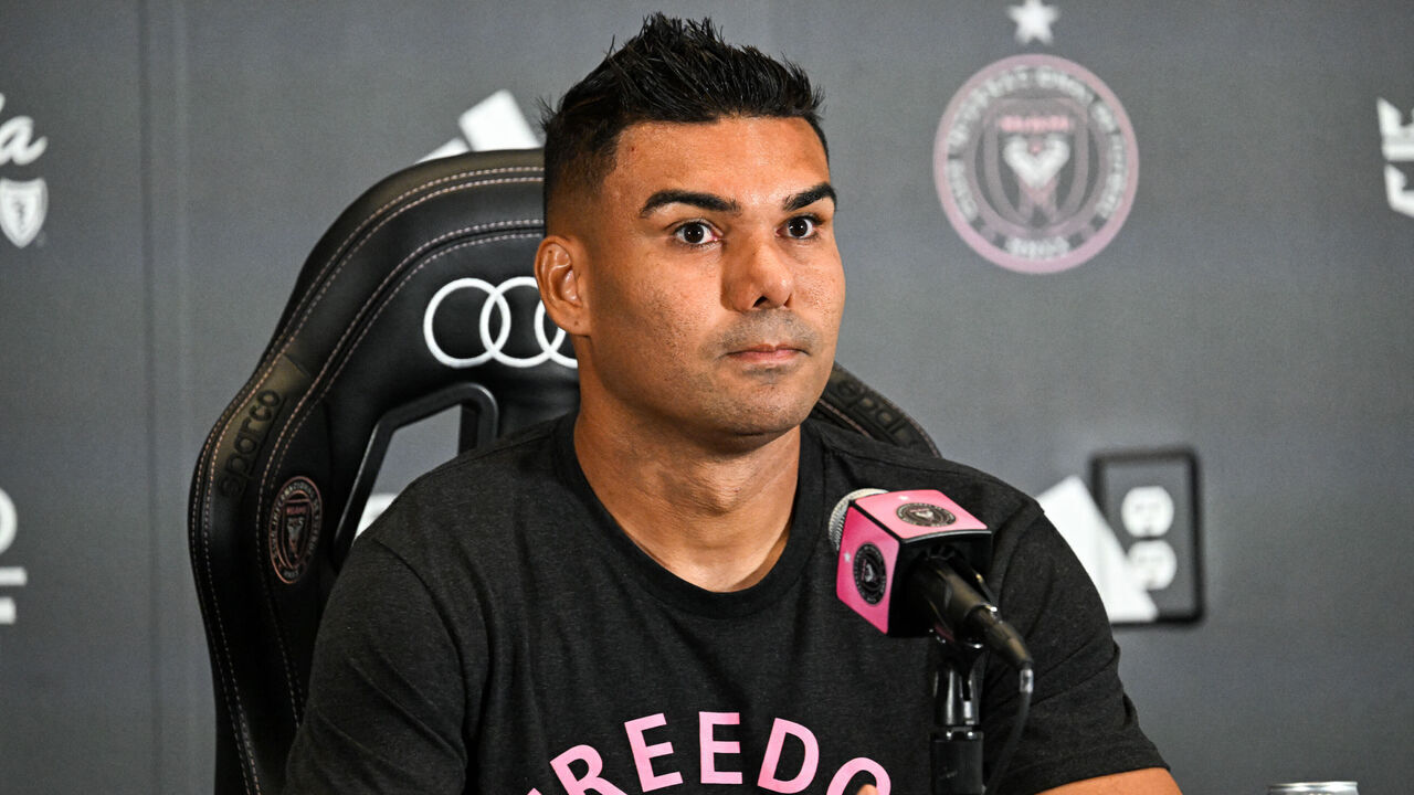 Brazilian midfielder Casemiro speaks at a press conference after he was officially introduced as Inter Miami's new signing during an event at NU Stadium in Miami, Florida, on July 30, 20226. Casemiro, who has 91 caps for Brazil and won five Champions League titles with Spain's Real Madrid, was a free agent after Manchester United opted not to renew his contract following a mixed four-year stint at the Premier League giants.