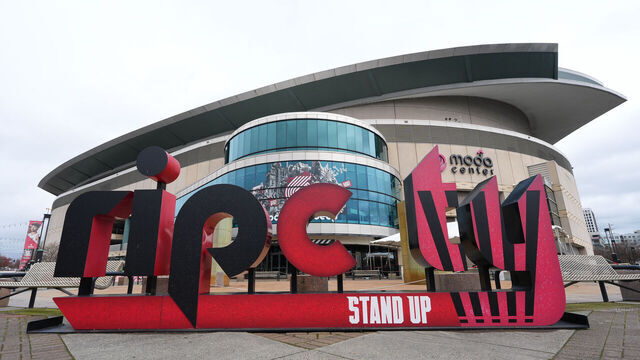 PORTLAND, OREGON - MARCH 13: A general view of the Rip City sign outside the Moda Center prior to the game between the Portland Trail Blazers and the Utah Jazz on March 13, 2026 in Portland, Oregon.