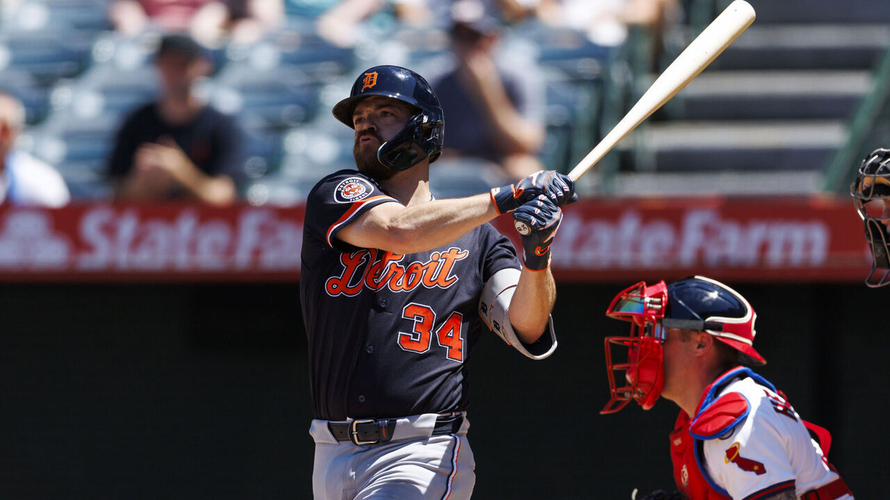ANAHEIM, CALIFORNIA - JULY 19: Jake Rogers #34 of the Detroit Tigers swings during the game against the Los Angeles Angels at Angel Stadium of Anaheim on July 19, 2026 in Anaheim, California.
