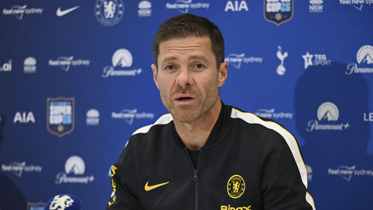 SYDNEY, AUSTRALIA - JULY 31: Manager Xabi Alonso of Chelsea attends a press conference at Sky Park on July 31, 2026 in Sydney, Australia.