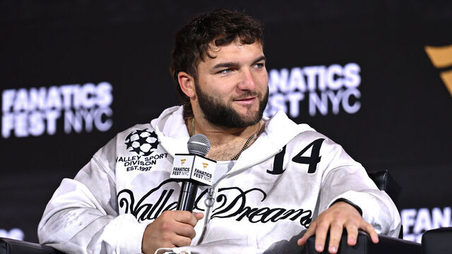 NEW YORK, NEW YORK - JULY 19: Cam Skattebo speaks onstage during the fantasy footballers panel at Fanatics Fest NYC 2026 at Jacob Javits Center on July 19, 2026 in New York City.