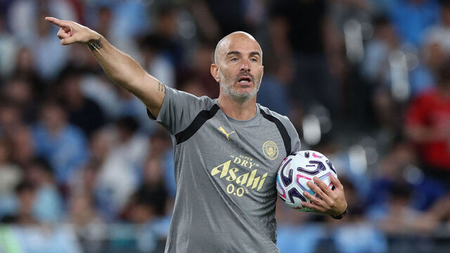 Manchester City's manager Enzo Maresca gestures as he coaches the team during the open training ahead of their friendly football match against Inter Milan for the Asahi Super Dry Trophy at Kai Tak Stadium in Hong Kong on July 31, 2026.
