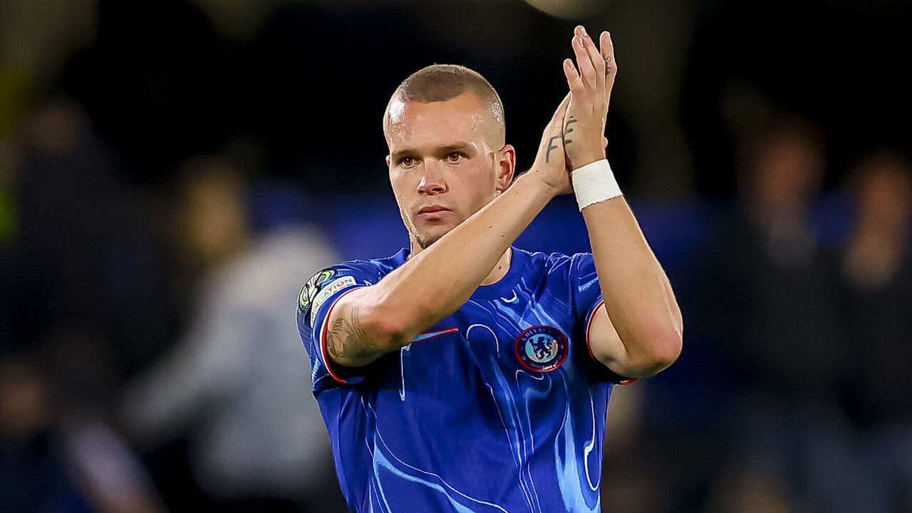 London, England - October 3: Mykhaylo Mudryk of FC Chelsea celebrate after winning the UEFA Conference League 2024/25 League Phase MD1 match between Chelsea FC and KAA Gent at Stamford Bridge on October 3, 2024 in London, England.