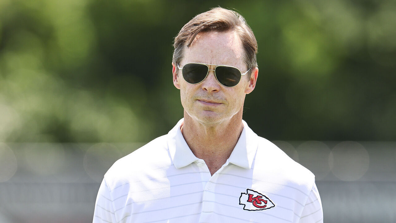 KANSAS CITY, MISSOURI - JUNE 09: Mark Donovan, president of the Kansas City Chiefs, looks on from the sidelines during mandatory minicamp at The University of Kansas Hospital Arrowhead Training Complex on June 09, 2026 in Kansas City, Missouri.