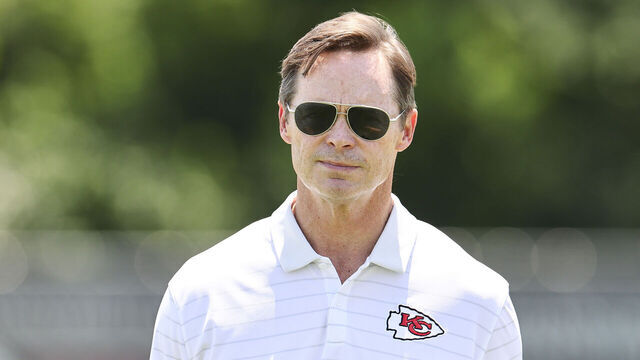KANSAS CITY, MISSOURI - JUNE 09: Mark Donovan, president of the Kansas City Chiefs, looks on from the sidelines during mandatory minicamp at The University of Kansas Hospital Arrowhead Training Complex on June 09, 2026 in Kansas City, Missouri.