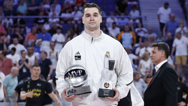 MADRID, SPAIN - JUNE 02: Mario Hezonja, player of Real Madrid, receives the MVP award at Movistar Arena on June 02, 2026 in Madrid, Spain.