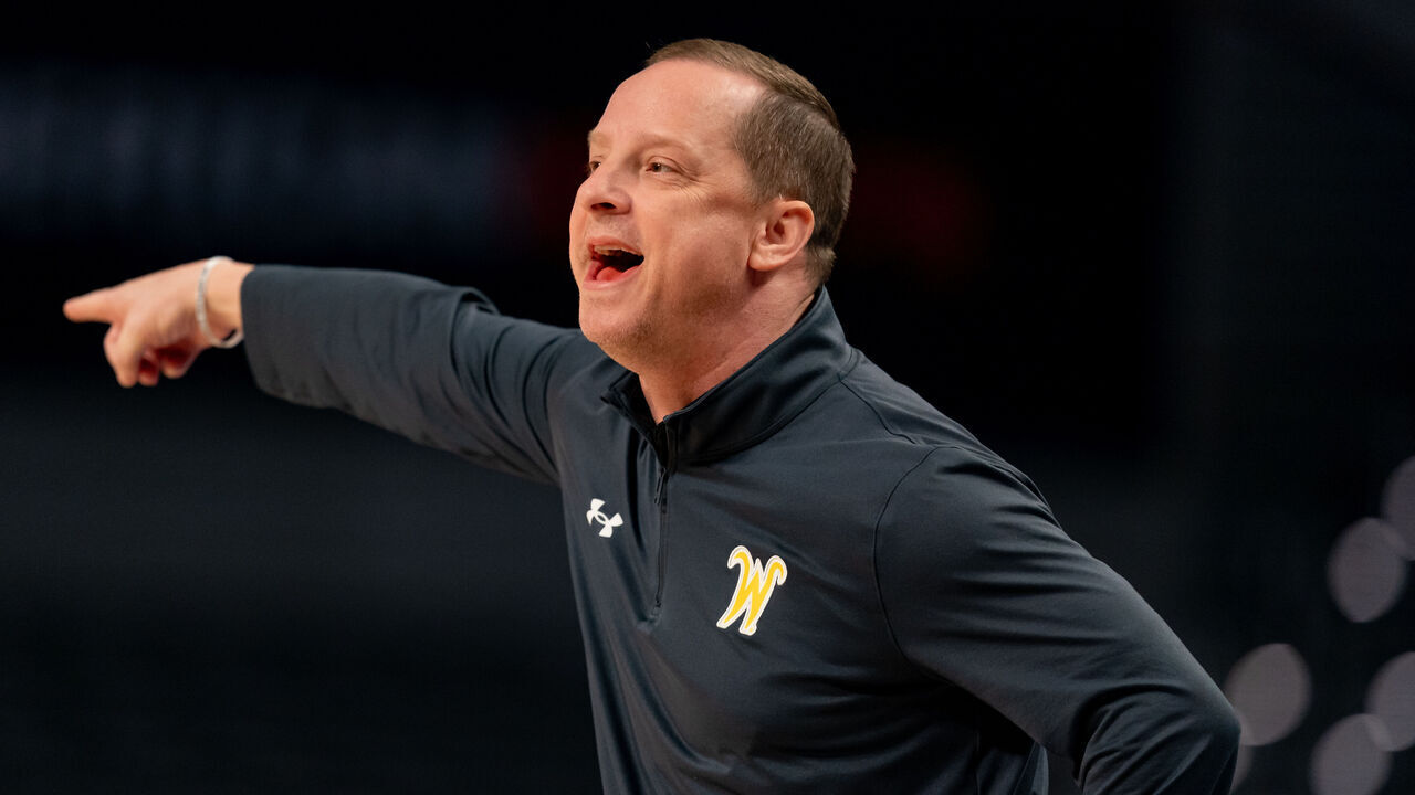 FORT WORTH, TX - MARCH 15: Wichita State Shockers head coach Paul Mills points during the American Athletic Conference Championship tournament game between the Wichita State Shockers and UAB Blazers on March 15, 2024 at Dickies Arena in Fort Worth, Texas.