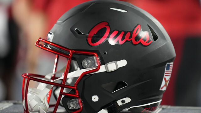 BOCA RATON, FL - NOVEMBER 01: the Florida Atlantic Owls alternative helmet is shown on the sidelines during the game between the USF Bulls and the FAU Owls on Friday, November 1, 2024 at FAU Stadium in Boca Raton, Fla.