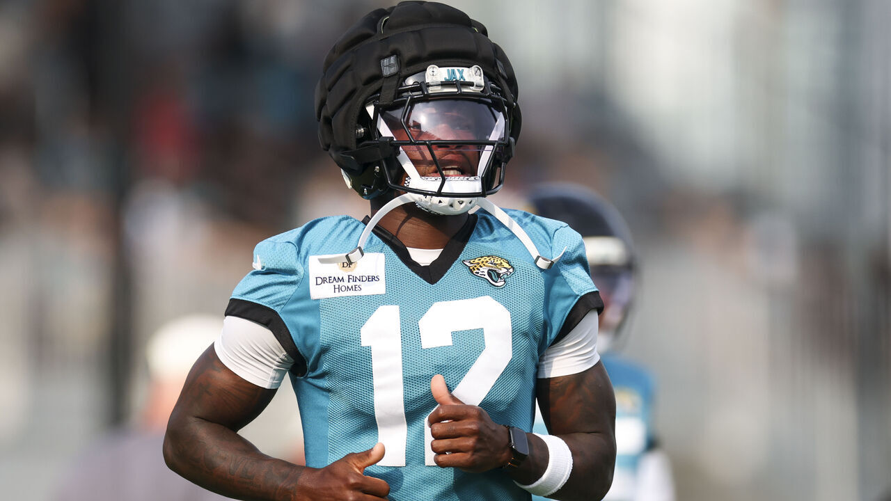 JACKSONVILLE, FLORIDA - JULY 31: Travis Hunter #12 of the Jacksonville Jaguars practices during training camp at Miller Electric Center on July 29, 2026 in Jacksonville, Florida.