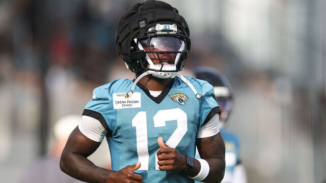 JACKSONVILLE, FLORIDA - JULY 31: Travis Hunter #12 of the Jacksonville Jaguars practices during training camp at Miller Electric Center on July 29, 2026 in Jacksonville, Florida.