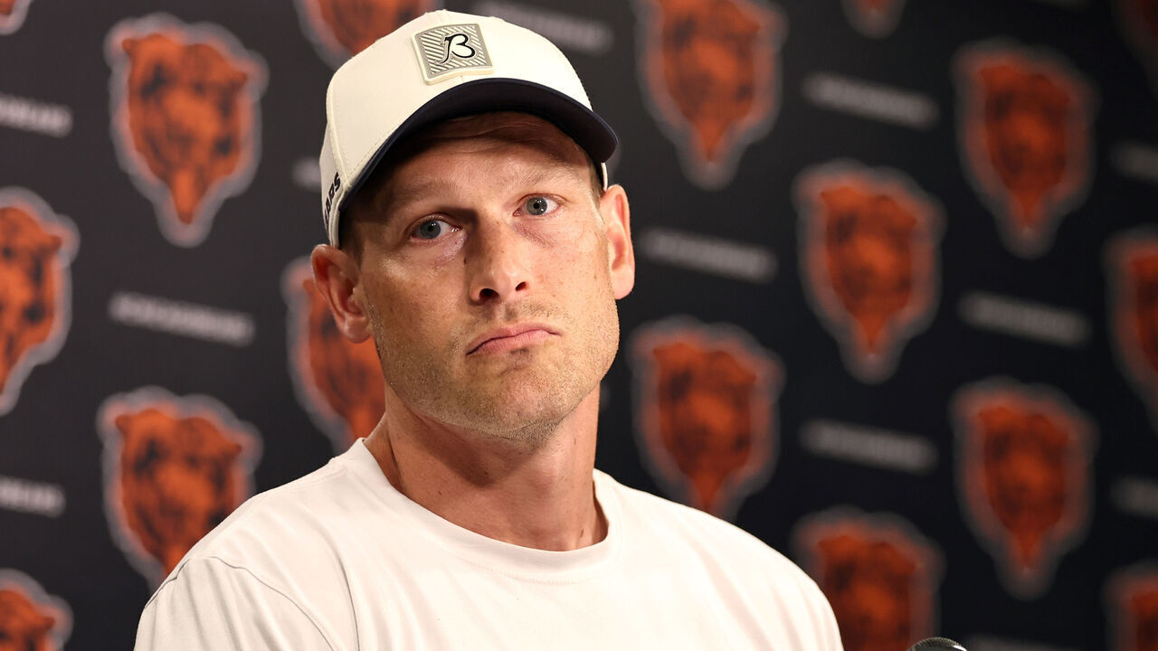LAKE FOREST, ILLINOIS - JUNE 10: Head coach Ben Johnson of the Chicago Bears speaks to the media before the Chicago Bears Minicamp at Halas Hall on June 10, 2026 in Lake Forest, Illinois.