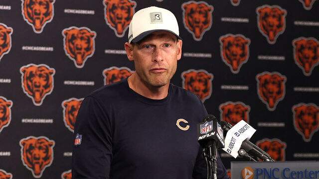 LAKE FOREST, ILLINOIS - JUNE 3: Head coach Ben Johnson of the Chicago Bears speaks to the media at Halas Hall on June 3, 2026 in Lake Forest, Illinois.