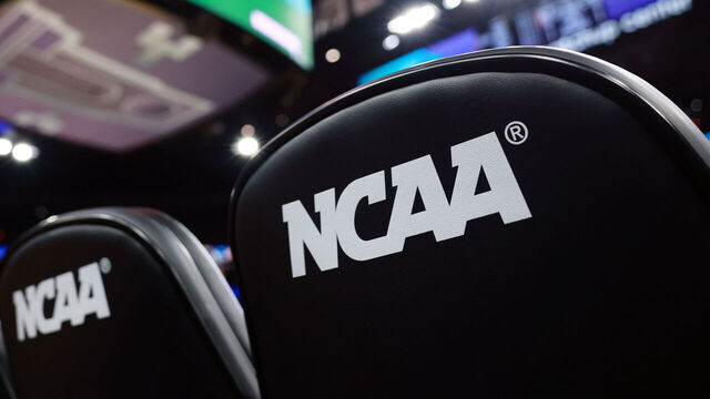 PHOENIX, ARIZONA - APRIL 02: Detail of the NCAA logo on bench seats ahead of the 2026 NCAA Women's Basketball Tournament Final Four at Mortgage Matchup Center on April 02, 2026 in Phoenix, Arizona.