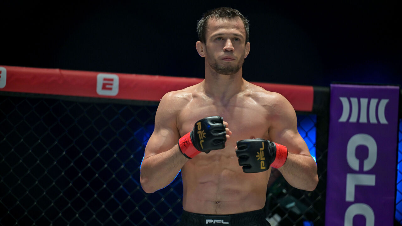 DUBAI, UNITED ARAB EMIRATES - FEBRUARY 8: Alfie Davis competes against Usman Nurmagomedov during mixed martial arts championship in the lightweight category at the Professional Fighters League (PFL) 'Road to Dubai' at the Coca-Cola Arena in Dubai, United Arab Emirates, on February 8, 2026.