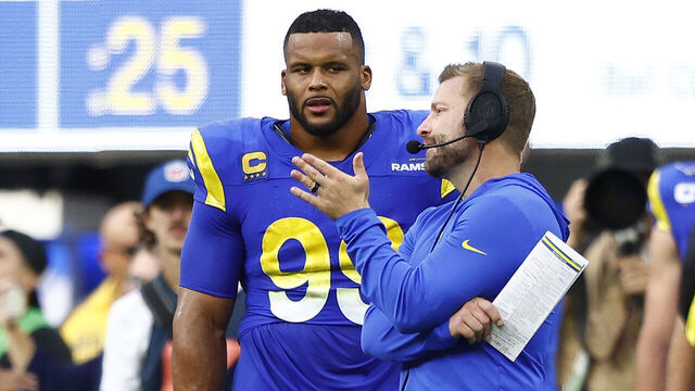 INGLEWOOD, CALIFORNIA - OCTOBER 22: Los Angeles Rams head coach Sean McVay and Aaron Donald #99 of the Los Angeles Rams during the third quarter against the Pittsburgh Steelers at SoFi Stadium on October 22, 2023 in Inglewood, California.