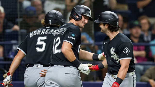 ST. PETERSBURG, FL - JULY 31: Andrew Benintendi #23 of the Chicago White Sox, right, congratulates Colson Montgomery #12 on his two-run home run against the Tampa Bay Rays during the sixth inning of a baseball game at Tropicana Field on July 31, 2026 in St. Petersburg, Florida.