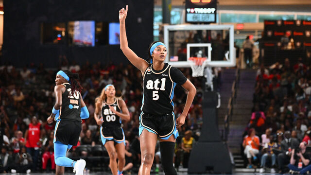 ATLANTA, GA - JULY 31: Angel Reese #5 of the Atlanta Dream looks on during the game against the Seattle Storm on July 31, 2026 at Gateway Center Arena at College Park in Atlanta, Georgia. Mandatory Copyright Notice: Copyright 2026 NBAE