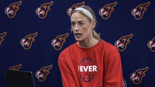 PORTLAND, OREGON - JULY 31: Sophie Cunningham #8 of the Indiana Fever speaks during a press conference before a game against the Portland Fire at Moda Center on July 31, 2026 in Portland, Oregon.