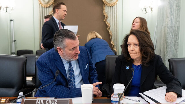 UNITED STATES - JUNE 18: Chairman Sen. Ted Cruz, R-Texas, and ranking member Sen. Maria Cantwell , D-Wash., talk before the start of the Senate Commerce, Science and Transportation Committee markup of the "Protect College Sports Act of 2026" in the Russell Senate Office Building on Thursday, June 18, 2026. (Bill Clark/CQ-Roll Call, Inc via Getty Images)