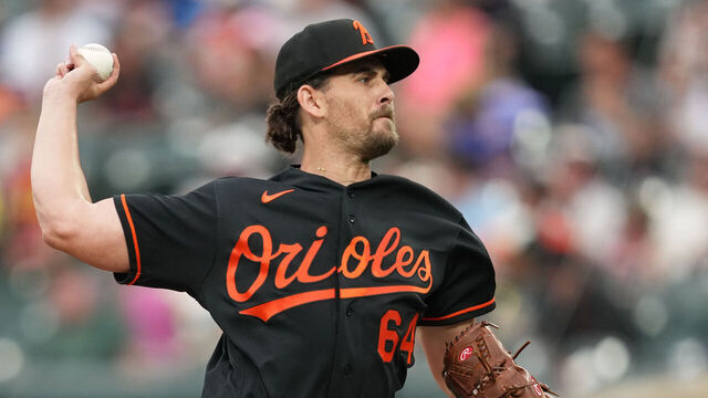 BALTIMORE, MD - JULY 08: Dean Kremer #64 of the Baltimore Orioles pitches in the first inning during the baseball game against the Chicago Cubs at Oriole Park at Camden Yards on July 8, 2026 in Baltimore, Maryland.