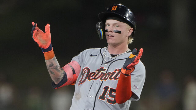 SACRAMENTO, CALIFORNIA - JULY 31: Max Clark #15 of the Detroit Tigers, during his major league debut, celebrates on second base after hitting a double against the Athletics in the top of the ninth inning at Sutter Health Park on July 31, 2026 in Sacramento, California. The double was his third of the night.