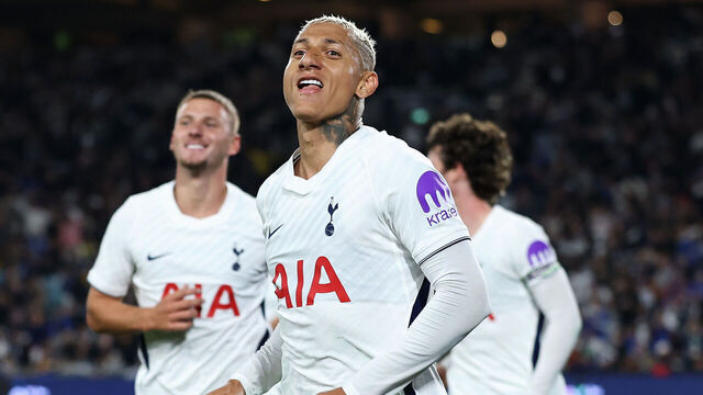 SYDNEY, AUSTRALIA - AUGUST 01: Richarlison of Hotspur celebrates kicking a goal during the Sydney Super Cup match between Chelsea FC and Tottenham at Accor Stadium on August 01, 2026 in Sydney, Australia.