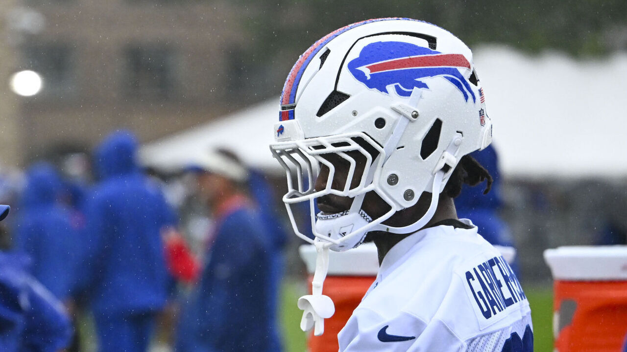 ROCHESTER, NEW YORK - JULY 29: C.J. Gardner-Johnson #22 of the Buffalo Bills gets his fingers taped up during training camp at St. John Fisher University on July 29, 2026 in Rochester, New York.