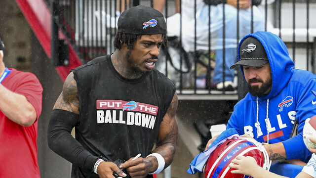 ROCHESTER, NEW YORK - JULY 29: C.J. Gardner-Johnson #22 of the Buffalo Bills signs autographs for fans at St. John Fisher University during training camp on July 29, 2026 in Rochester, New York.