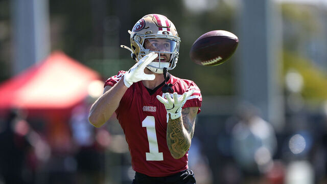 SANTA CLARA, CALIFORNIA - JULY 27: Ricky Pearsall #1 of the San Francisco 49ers works out during training camp practice at SAP Performance Facility on July 27, 2026 in Santa Clara, California.