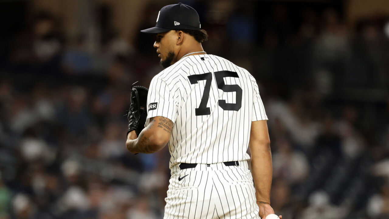 NEW YORK, NEW YORK - JUNE 29: Camilo Doval #75 of the New York Yankees pitches during the eighth inning at Yankee Stadium on June 29, 2026 in New York City. The Detroit Tigers won 7-3.