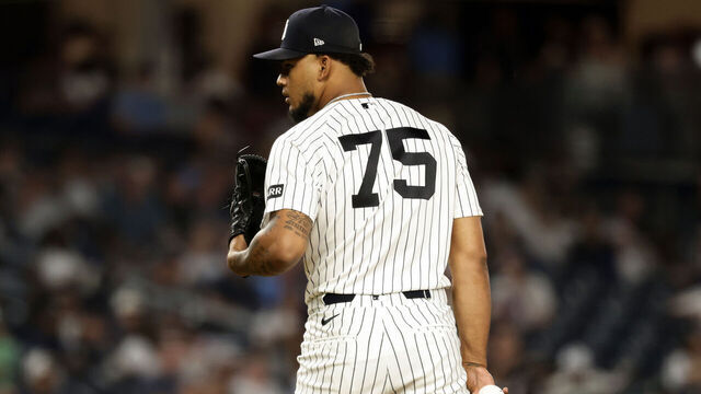 NEW YORK, NEW YORK - JUNE 29: Camilo Doval #75 of the New York Yankees pitches during the eighth inning at Yankee Stadium on June 29, 2026 in New York City. The Detroit Tigers won 7-3.