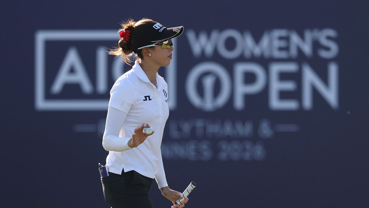 LYTHAM ST ANNES, ENGLAND - AUGUST 01: Yealimi Noh of the United States reacts to her par putt on the 18th green during the third round of the AIG Women's Open 2026 at Royal Lytham & St. Annes on August 01, 2026 in Lytham St Annes, England.