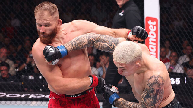 BELGRADE, SERBIA - AUGUST 01: (R-L) Navajo Stirling of New Zealand punches Jan Blachowicz of Poland in a light heavyweight fight during the UFC Fight Night event at Belgrade Arena on August 01, 2026 in Belgrade, Serbia.