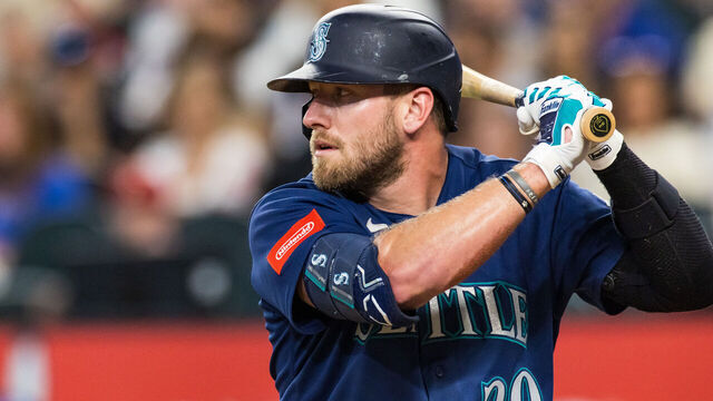 ARLINGTON, TEXAS - JULY 25: Luke Raley #20 of the Seattle Mariners bats during the game against the Texas Rangers at Globe Life Field on July 25, 2026 in Arlington, Texas.
