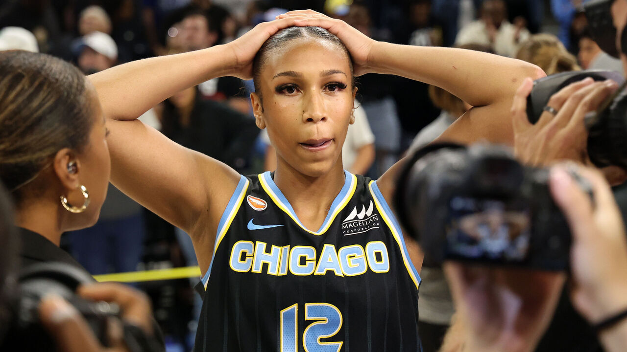 CHICAGO, ILLINOIS - AUGUST 01: Sydney Taylor #12 of the Chicago Sky celebrates after scoring the game winning basket against the Las Vegas Aces during the second half at Wintrust Arena on August 01, 2026 in Chicago, Illinois.