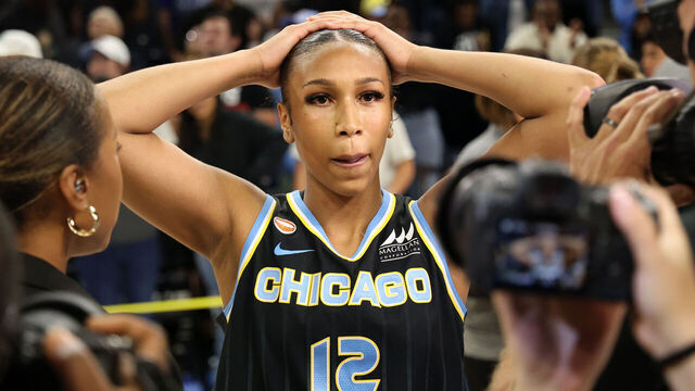 CHICAGO, ILLINOIS - AUGUST 01: Sydney Taylor #12 of the Chicago Sky celebrates after scoring the game winning basket against the Las Vegas Aces during the second half at Wintrust Arena on August 01, 2026 in Chicago, Illinois.