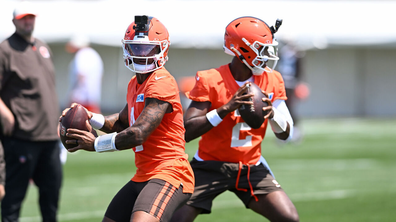 BEREA, OHIO - JULY 29: Deshaun Watson #4 and Shedeur Sanders #2 of the Cleveland Browns look to pass during Cleveland Browns Training Camp at CrossCountry Mortgage Campus on July 29, 2026 in Berea, Ohio.
