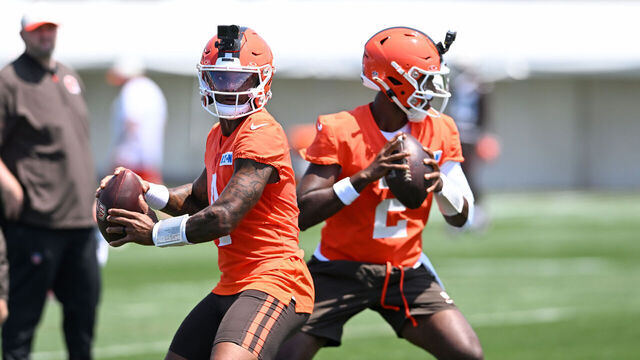 BEREA, OHIO - JULY 29: Deshaun Watson #4 and Shedeur Sanders #2 of the Cleveland Browns look to pass during Cleveland Browns Training Camp at CrossCountry Mortgage Campus on July 29, 2026 in Berea, Ohio.