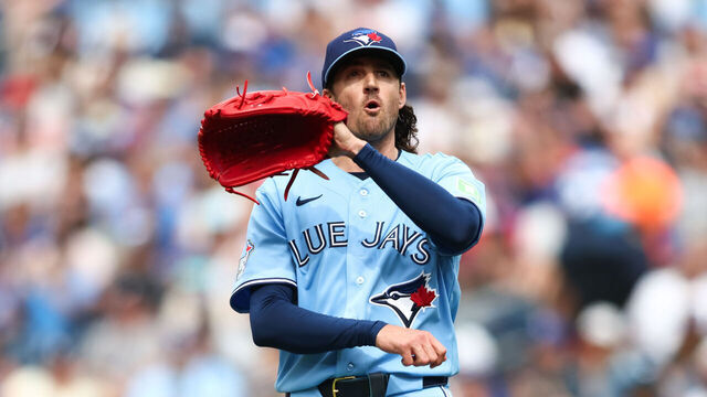TORONTO, CANADA - AUGUST 1: Kevin Gausman #34 of the Toronto Blue Jays reacts as he comes off the mound at the end of the fourth inning of their MLB game against the St. Louis Cardinals at Rogers Centre on August 1, 2026 in Toronto, Ontario, Canada.