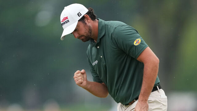 DETROIT, MICHIGAN - AUGUST 01: Davis Riley of the United States reacts on the 18th green during the third round of the Rocket Classic 2026 at Detroit Golf Club on August 01, 2026 in Detroit, Michigan.