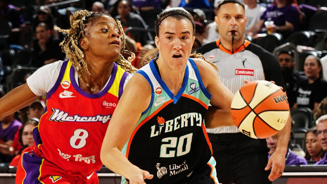 PHOENIX, AZ - AUGUST 1: Sabrina Ionescu #20 of the New York Liberty handles the ball during the game against the Phoenix Mercury on August 1, 2026 at Mortgage Matchup Center in Phoenix, Arizona. Mandatory Copyright Notice: Copyright 2026 NBAE