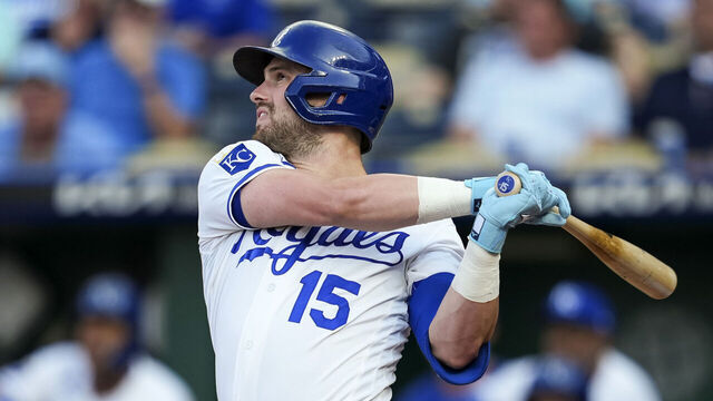 KANSAS CITY, MISSOURI - JULY 21: Lane Thomas #15 of the Kansas City Royals bats during the first inning against the San Francisco Giants at Kauffman Stadium on July 21, 2026 in Kansas City, Missouri.