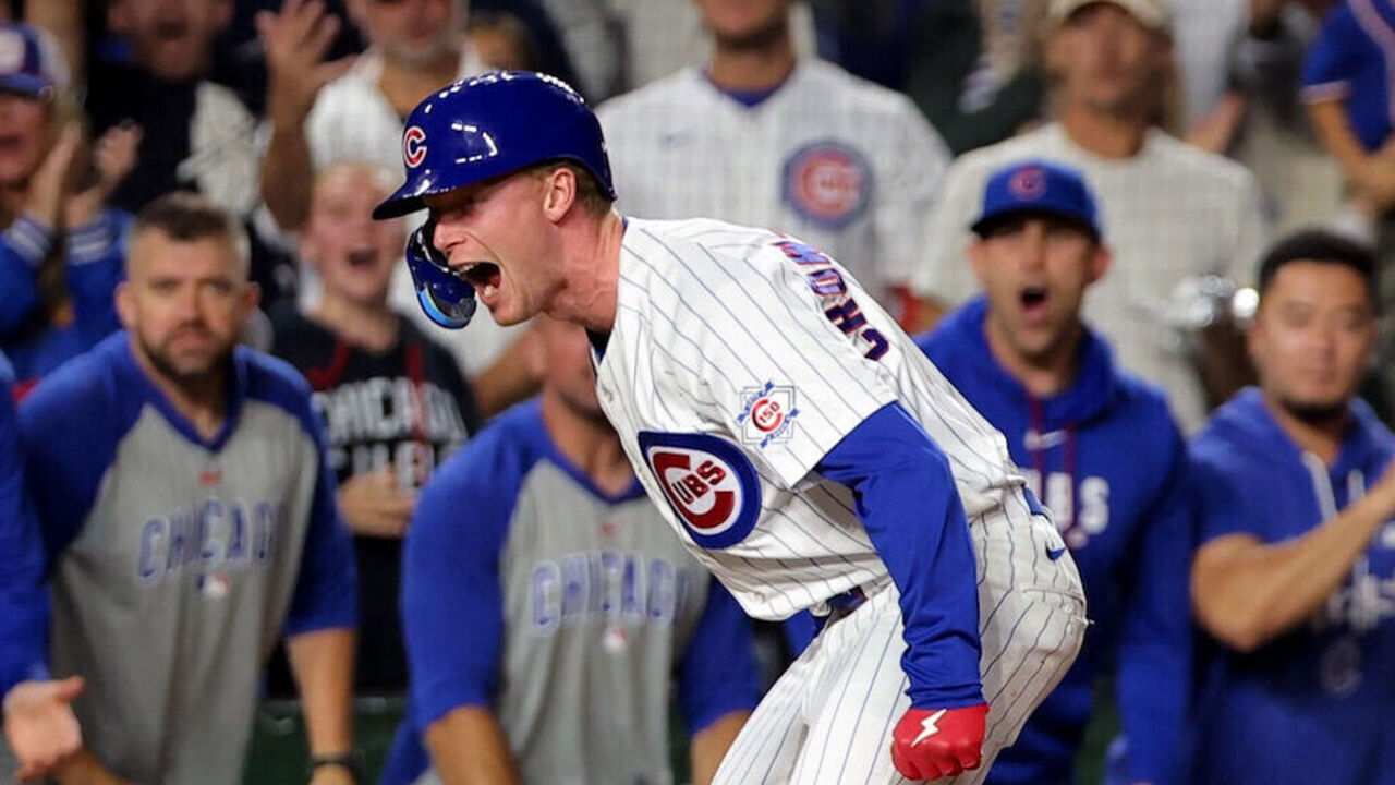 CHICAGO, IL - AUGUST 01: Pete Crow-Armstrong #4 of the Chicago Cubs triples in the seventh inning during the game between the New York Yankees and the Chicago Cubs at Wrigley Field on Saturday, August 1, 2026 in Chicago, Illinois.