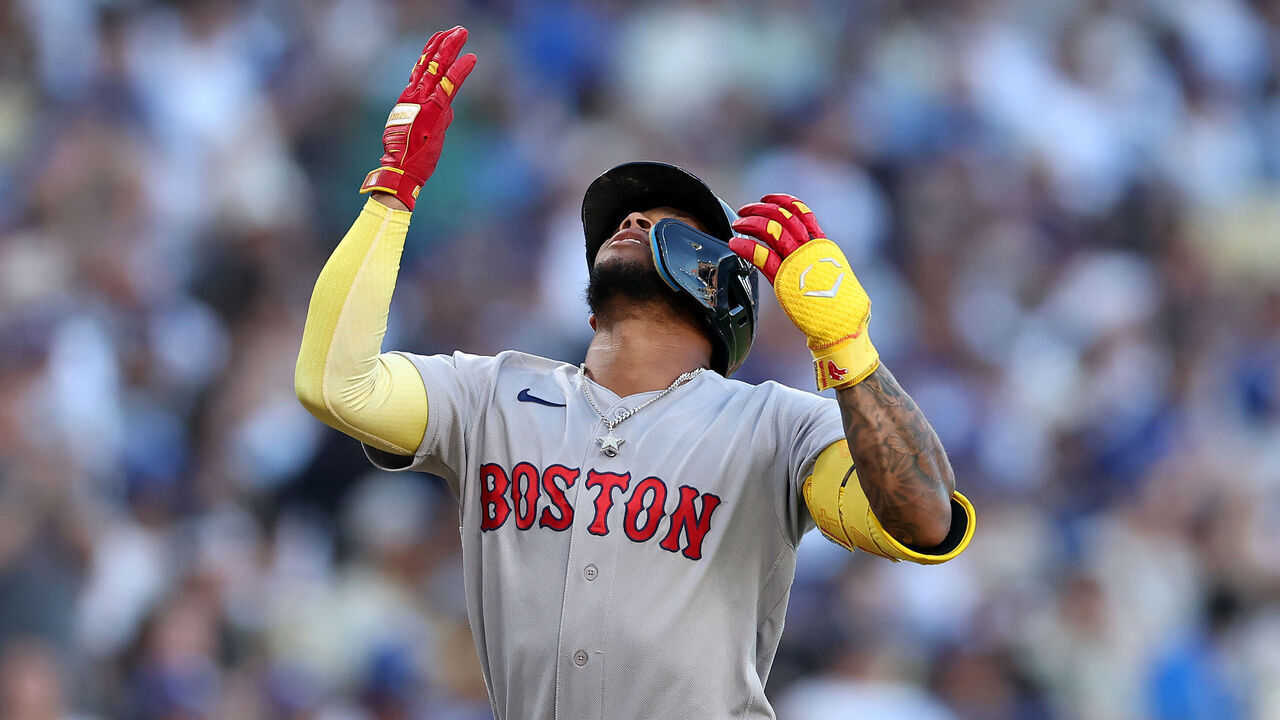 LOS ANGELES, CALIFORNIA - AUGUST 01: Ceddanne Rafaela #3 of the Boston Red Sox reacts after hitting a solo home run against the Los Angeles Dodgers during the third inning at Dodger Stadium on August 01, 2026 in Los Angeles, California.