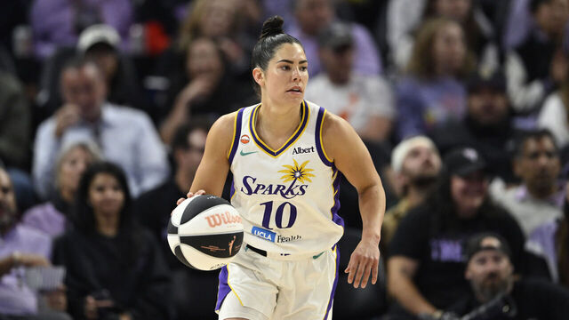 SAN FRANCISCO, CALIFORNIA - JUNE 15: Kelsey Plum #10 of the Los Angeles Sparks dribbles against the Golden State Valkyries in the third quarter during a Commissioner's Cup game at Chase Center on June 15, 2026 in San Francisco, California.