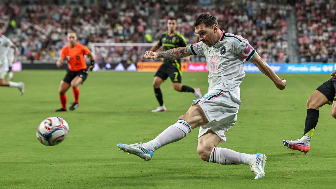 MIAMI, FL - AUGUST 01: Lionel Messi (10) of Inter Miami CF shoots at goal during a MLS match between Inter Miami CF and Columbus Crew at NU Stadium on August 01, 2026 in Miami, Florida.