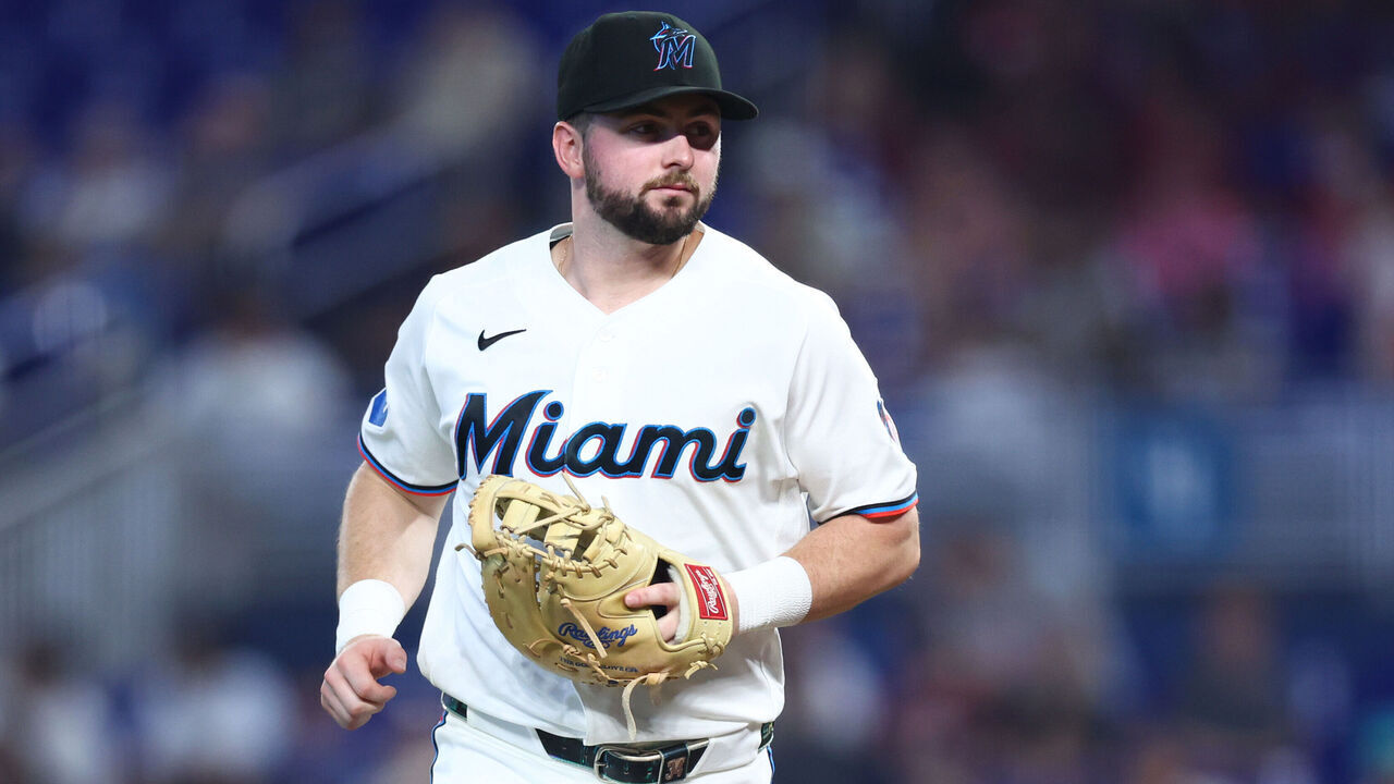MIAMI, FLORIDA - JULY 29: Liam Hicks #34 of the Miami Marlins looks on against the Philadelphia Phillies during the seventh inning of the game at loanDepot park on July 29, 2026 in Miami, Florida.