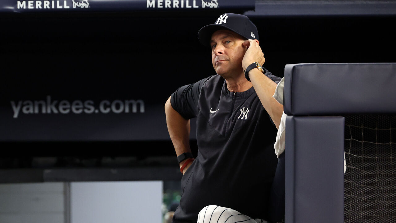 NEW YORK, NY - JULY 17: Manager, Aaron Boone #17 of the New York Yankees looks on during the game against the Los Angeles Dodgers at Yankee Stadium on July 17, 2026 in New York, New York.