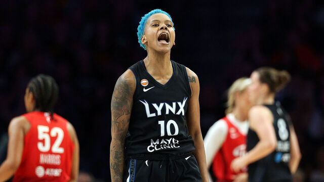 MINNEAPOLIS, MINNESOTA - AUGUST 02: Courtney Williams #10 of the Minnesota Lynx celebrates against the Indiana Fever in the fourth quarter at Target Center on August 02, 2026 in Minneapolis, Minnesota. The Lynx defeated the Fever 108-100.